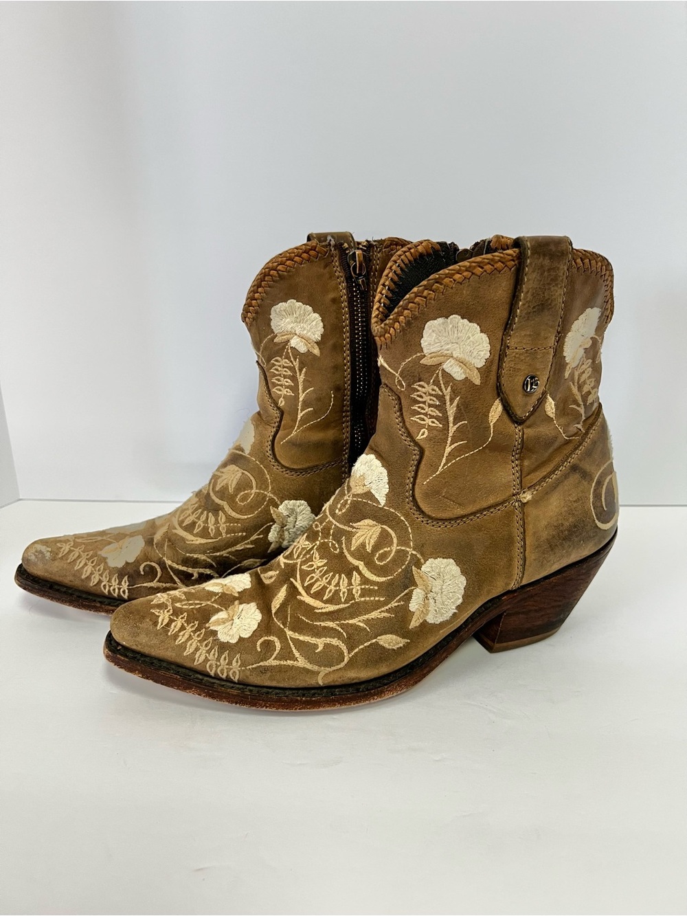 Liberty Black Floral Embroidered Ankle Boots Tan Leather Western Booties boho